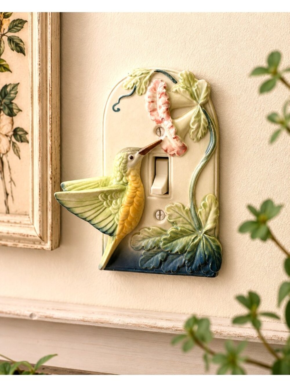 Vintage Hummingbird Light Switch Cover Ceramic Floral Switch Plate Cottagecore